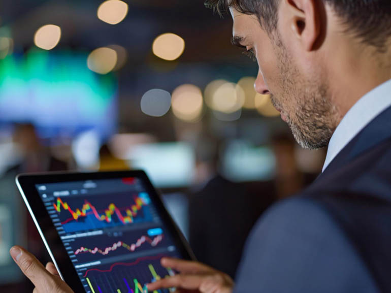 Businessman watching and analyzing charts on a tablet