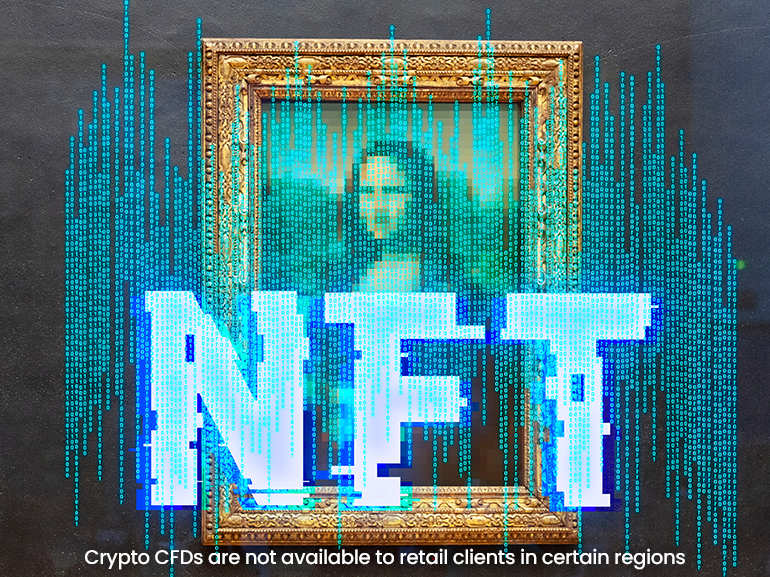Digital Mona Lisa with NFT and blockchain code overlay