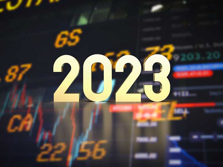 An image of the year 2023 describing the stock market movements 