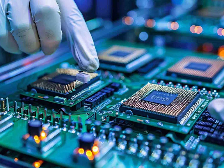 Mit Handschuhen bedeckte Hände, die vorsichtig einen Mikroprozessor auf ein Motherboard legen