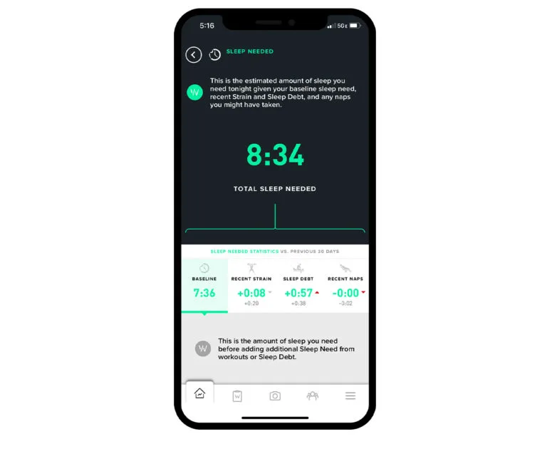 The WHOOP app displays how your nightly sleep need is calculated.
