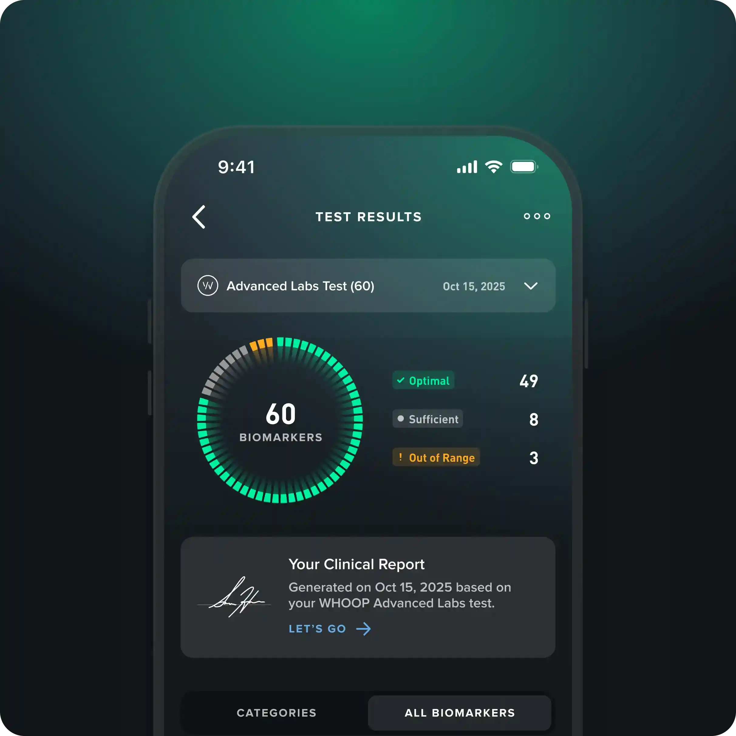 WHOOP app screen showing Advanced Labs Test results with a biomarker dial for 60 markers and counts—49 optimal, 8 sufficient, 3 out of range—plus a prompt to view your report.