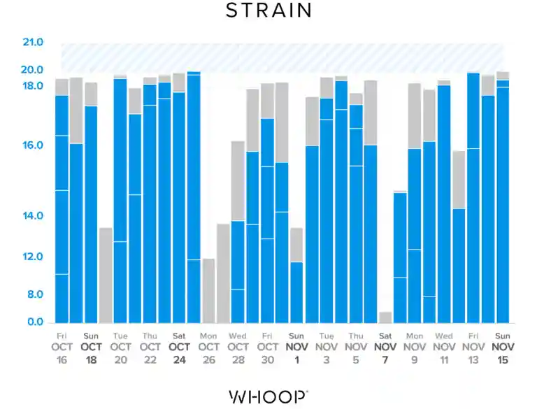 Dylan Frittelli's daily WHOOP strain leading up to and during the 2020 Masters.