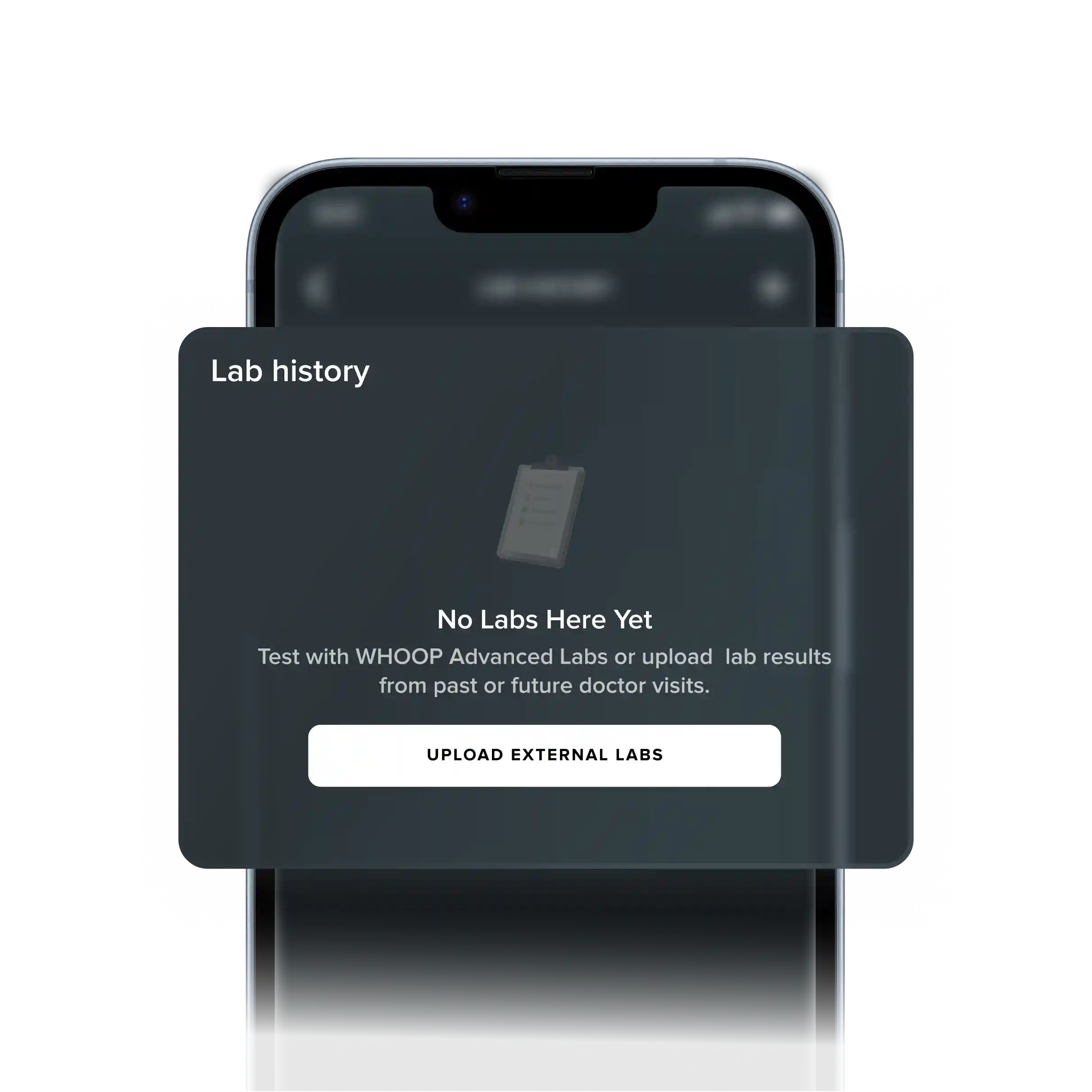 WHOOP app Lab history screen displaying an empty-state card and a primary button to upload external lab results for future tracking.