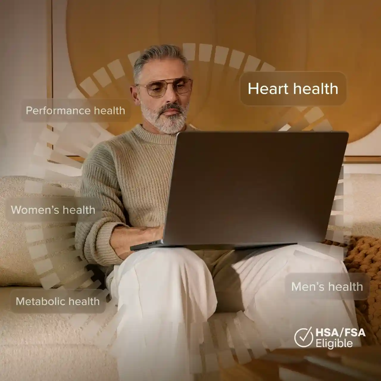Man reviewing heart health and performance data on a laptop while wearing a WHOOP wearable, highlighting metabolic, men’s, and women’s health insights with HSA/FSA eligibility.