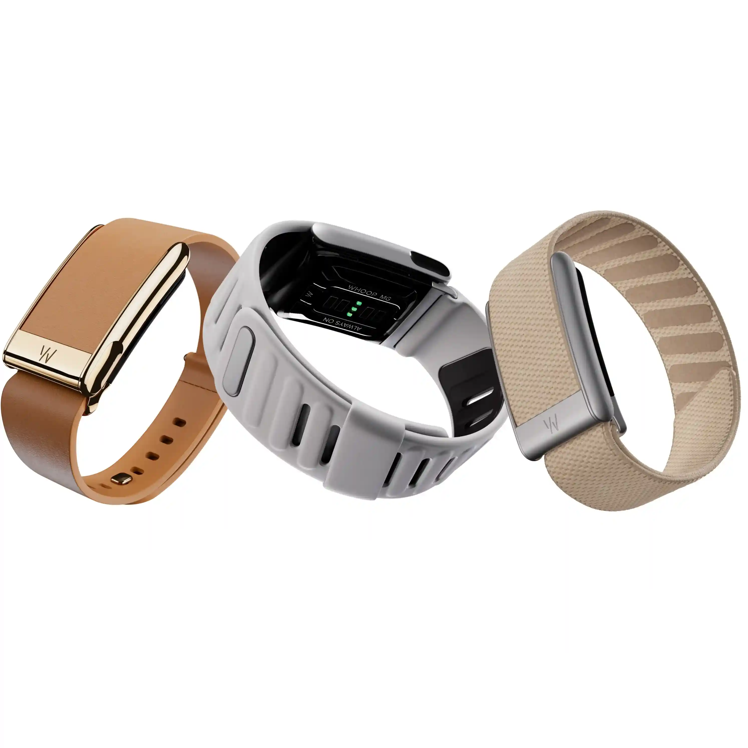 Three WHOOP 5.0 strap options on white—tan leather with gold clasp, gray sport band showing the sensor underside, and beige textured strap with silver clasp—highlighting customization and fit.