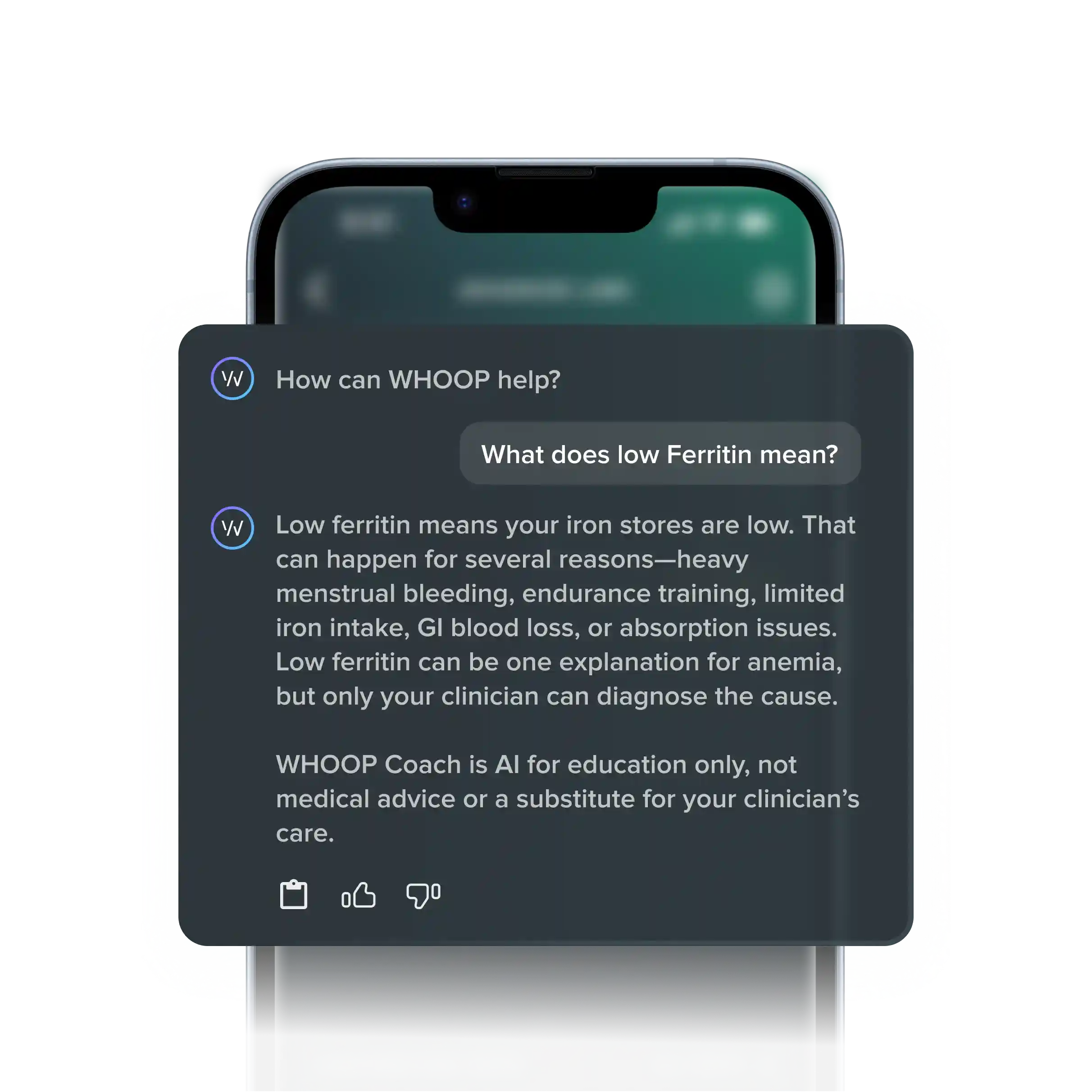 WHOOP Coach conversation defines low ferritin as depleted iron stores and details causes—heavy menstrual bleeding, endurance training, limited dietary iron, gastrointestinal blood loss, and malabsorption.