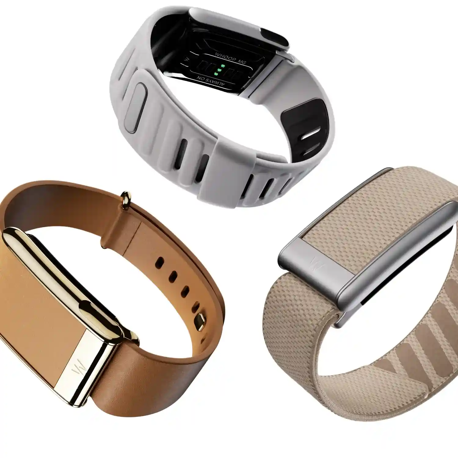 Three WHOOP 5.0 strap options on white—tan leather with gold clasp, gray sport band showing the sensor underside, and beige textured strap with silver clasp—highlighting customization and fit.