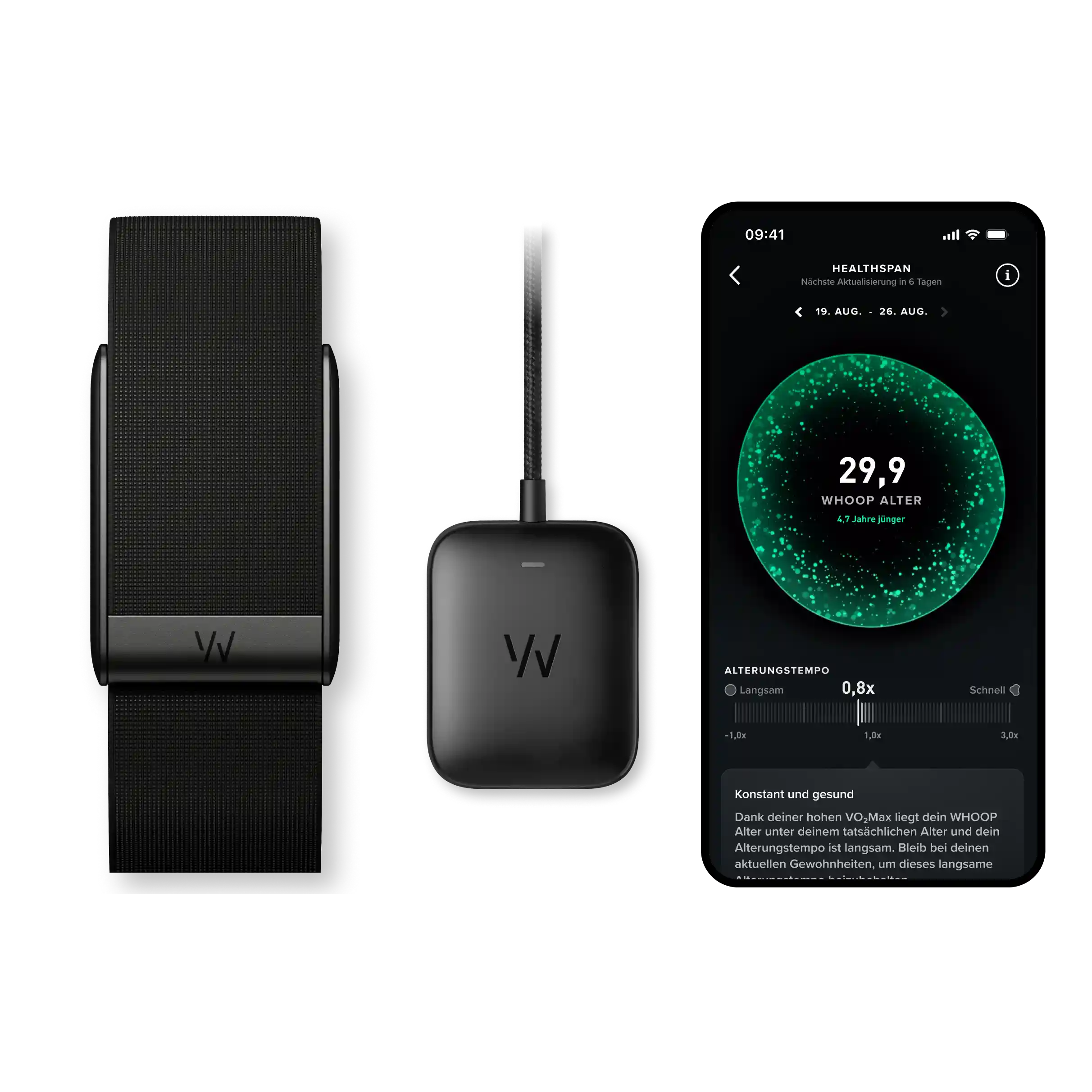 WHOOP 5.0 Strap, Basic Charger, and the WHOOP App. 