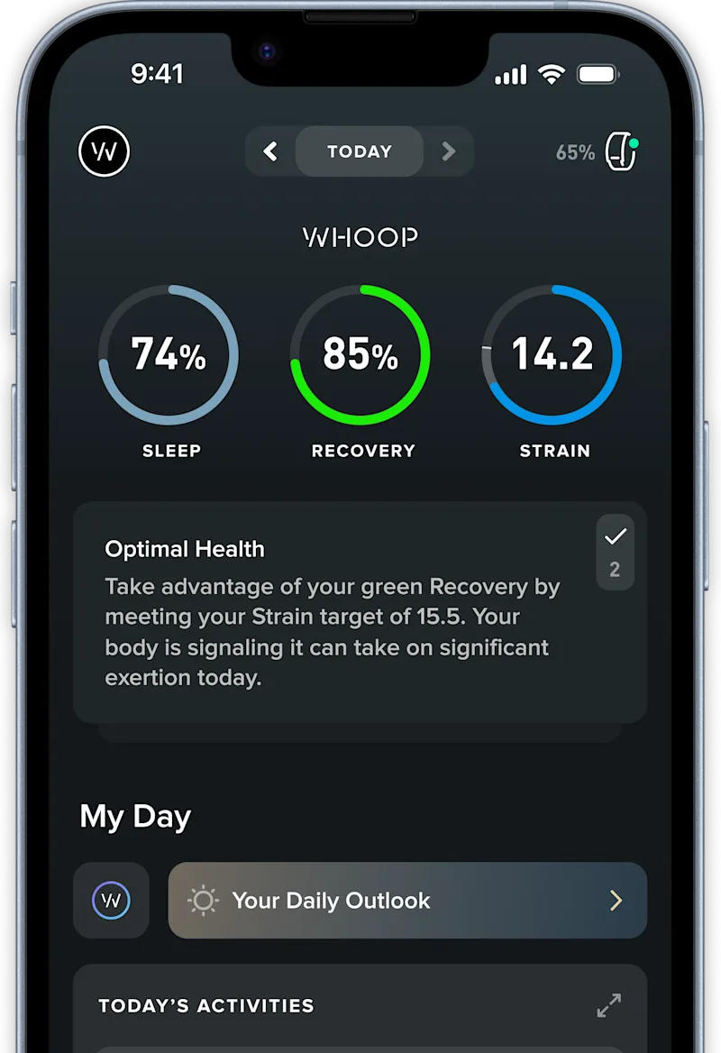 מסך הבית של אפליקציית WHOOP - Sleep, Recovery, Strain