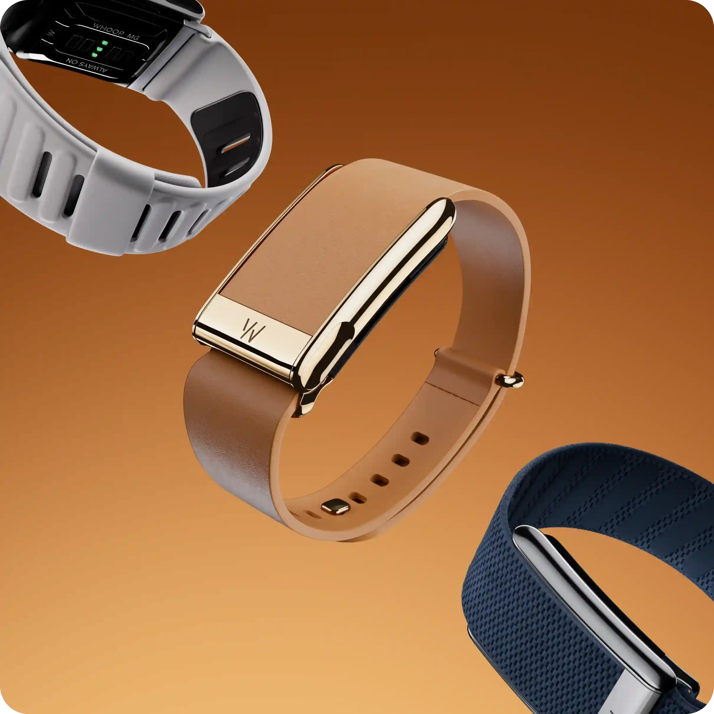 Product image showing WHOOP 5.0 strap styles—tan leather with gold clasp, gray sport band with sensor side visible, and navy textured strap—highlighting customization and everyday wear options.