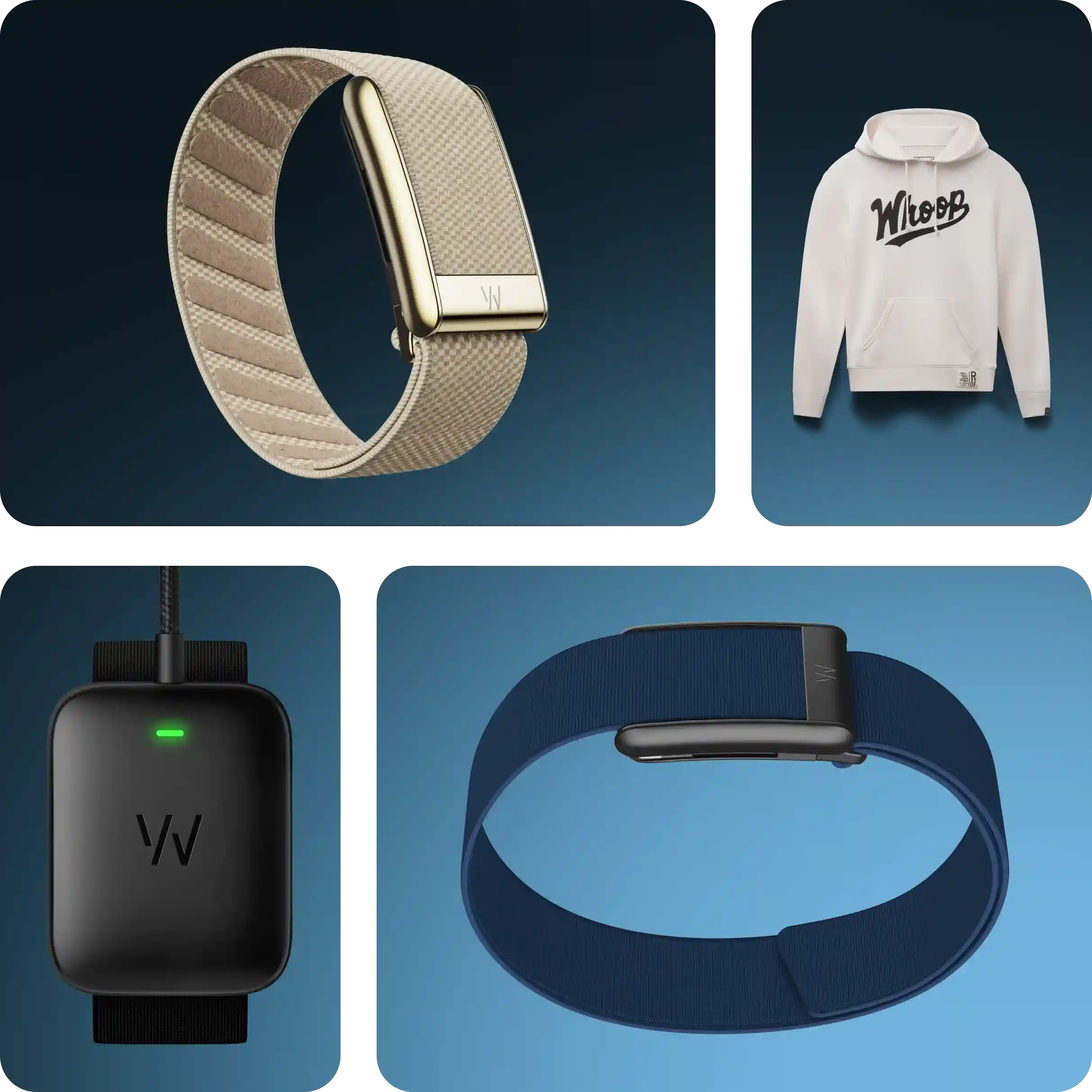 Product grid featuring WHOOP accessories: beige textured strap with gold clasp, navy performance strap with sensor visible, on-band battery pack with green status light, and cream hoodie with script logo—showing customization and on-the-go charging options.