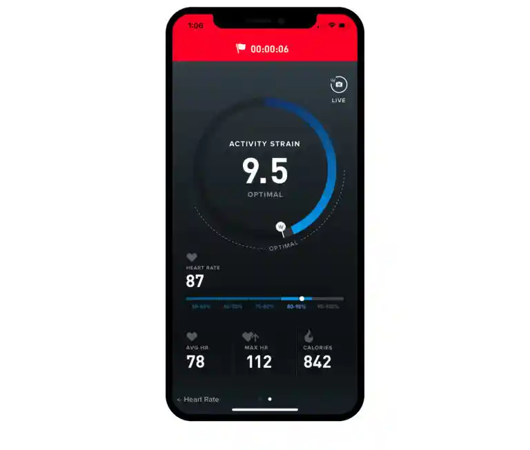 The WHOOP Strain Coach tracks your live HR data, calories burned, and lets you know when you've reached your strain goal.