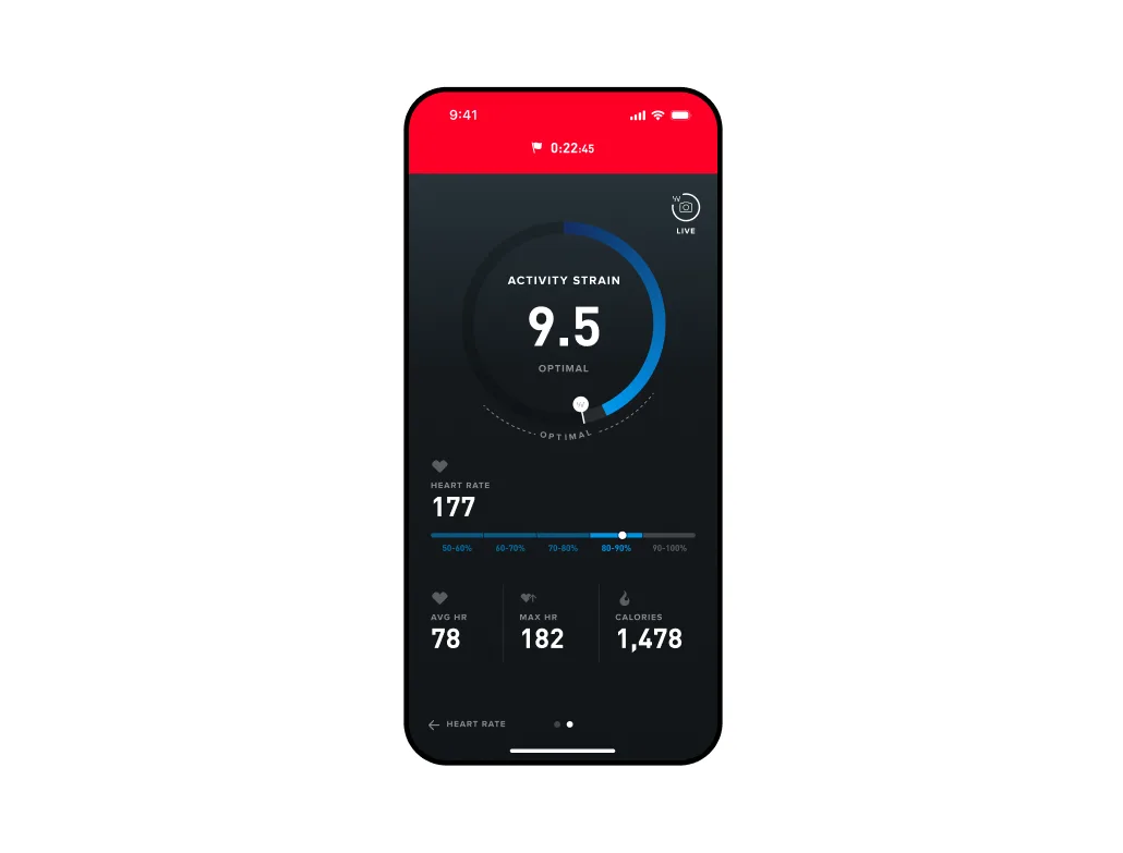 The WHOOP Strain Coach tracks your live HR data, calories burned, and lets you know when you've reached your strain goal.