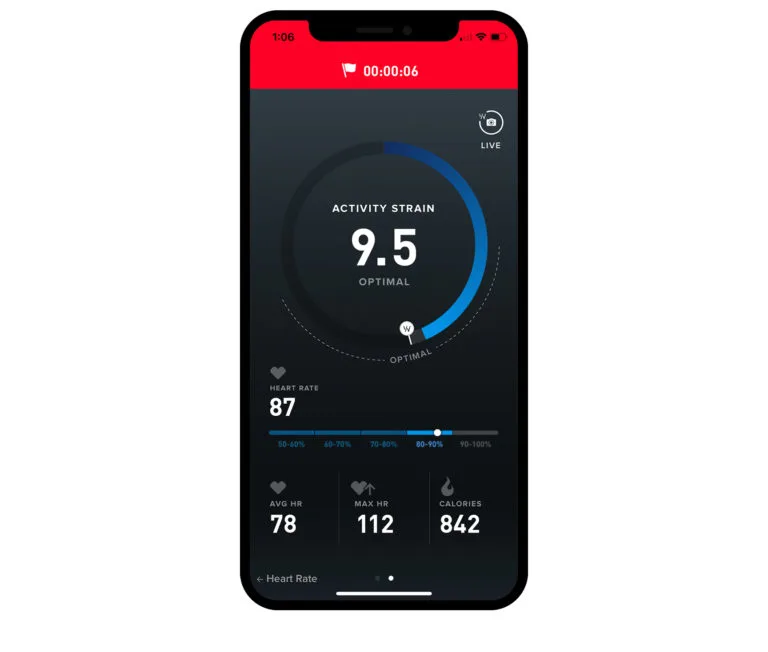 The WHOOP Strain Coach tracks your live HR data, calories burned, and lets you know when you've reached your strain goal.