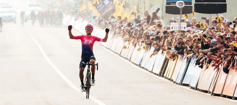 Alberto Bettiol crossing the finish line as the 2019 Tour of Flanders champion.