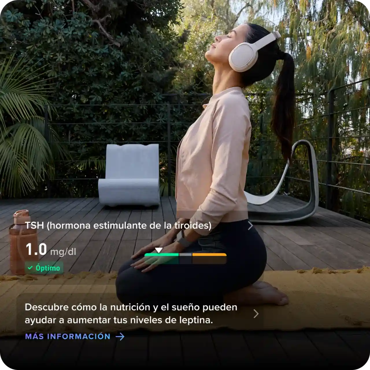 Woman wearing a WHOOP wearable during an outdoor mindfulness and stretching session, highlighting stress monitoring, recovery tracking, and holistic performance optimization.