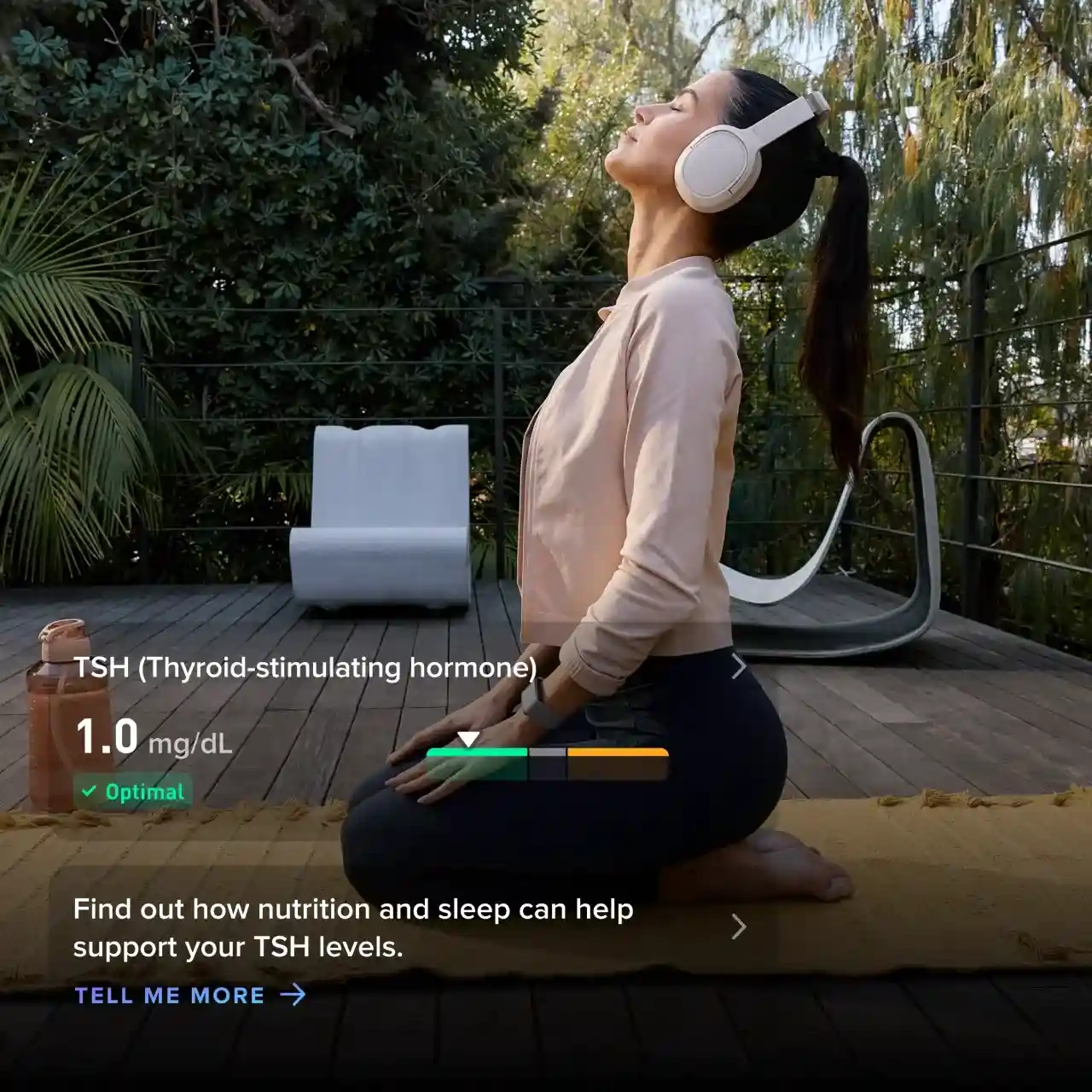 Woman wearing a WHOOP wearable during an outdoor mindfulness and stretching session, highlighting stress monitoring, recovery tracking, and holistic performance optimization.