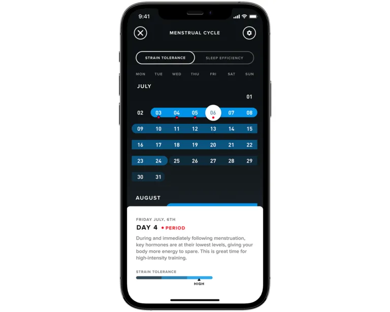WHOOP menstrual cycle calendar