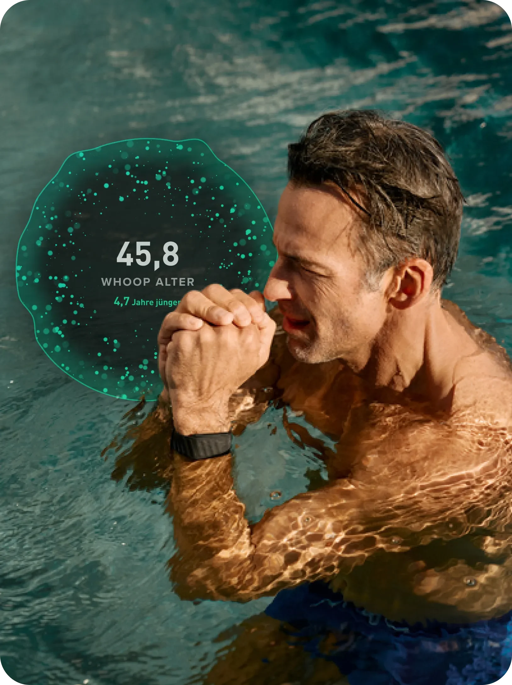 Person wearing a WHOOP device resting at the edge of a pool; a WHOOP Age orb displays 45.8 and “4.7 years younger,” highlighting the Healthspan metric and in-water wear.