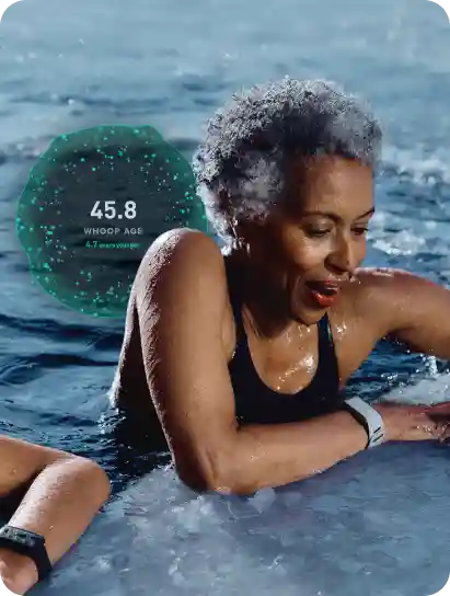 Person wearing a WHOOP device resting at the edge of a pool; a WHOOP Age orb displays 45.8 and “4.7 years younger,” highlighting the Healthspan metric and in-water wear.
