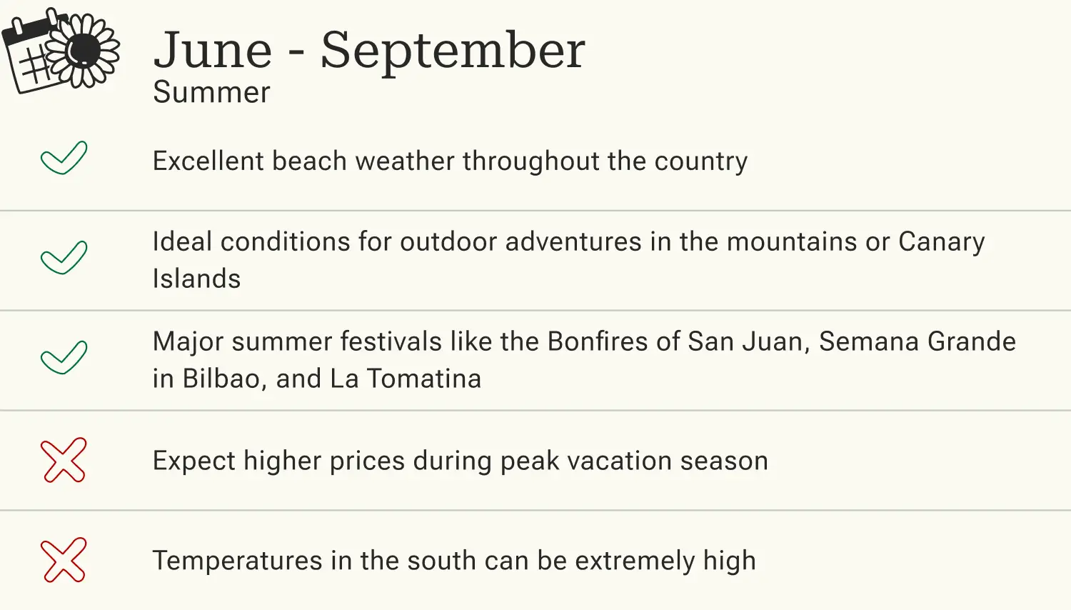 Advantages and disadvantages of traveling to Spain in summer (June to September).