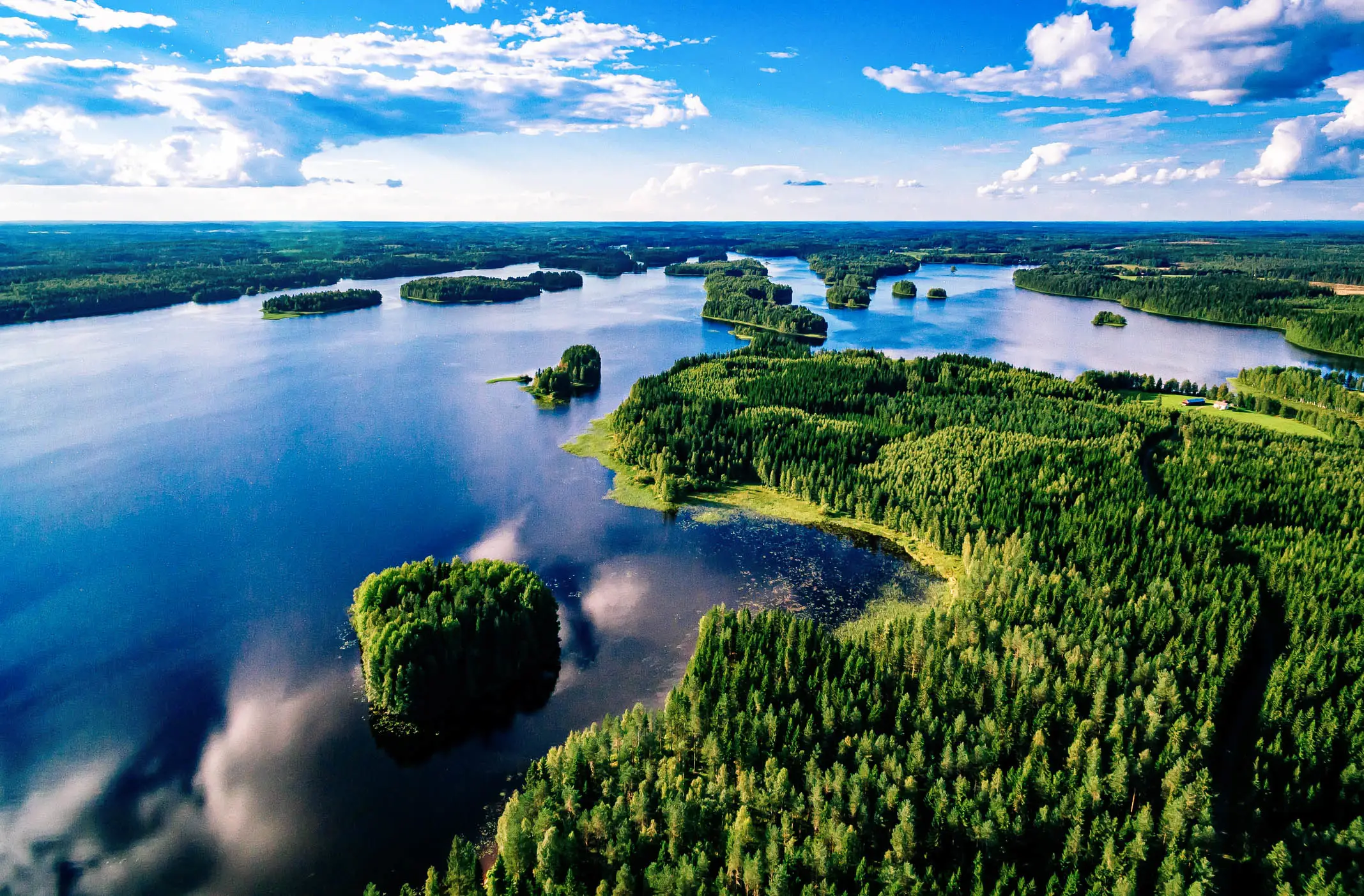 Luftaufnahme der blauen Seen und grünen Wälder an einem sonnigen Sommertag in Finnland von oben