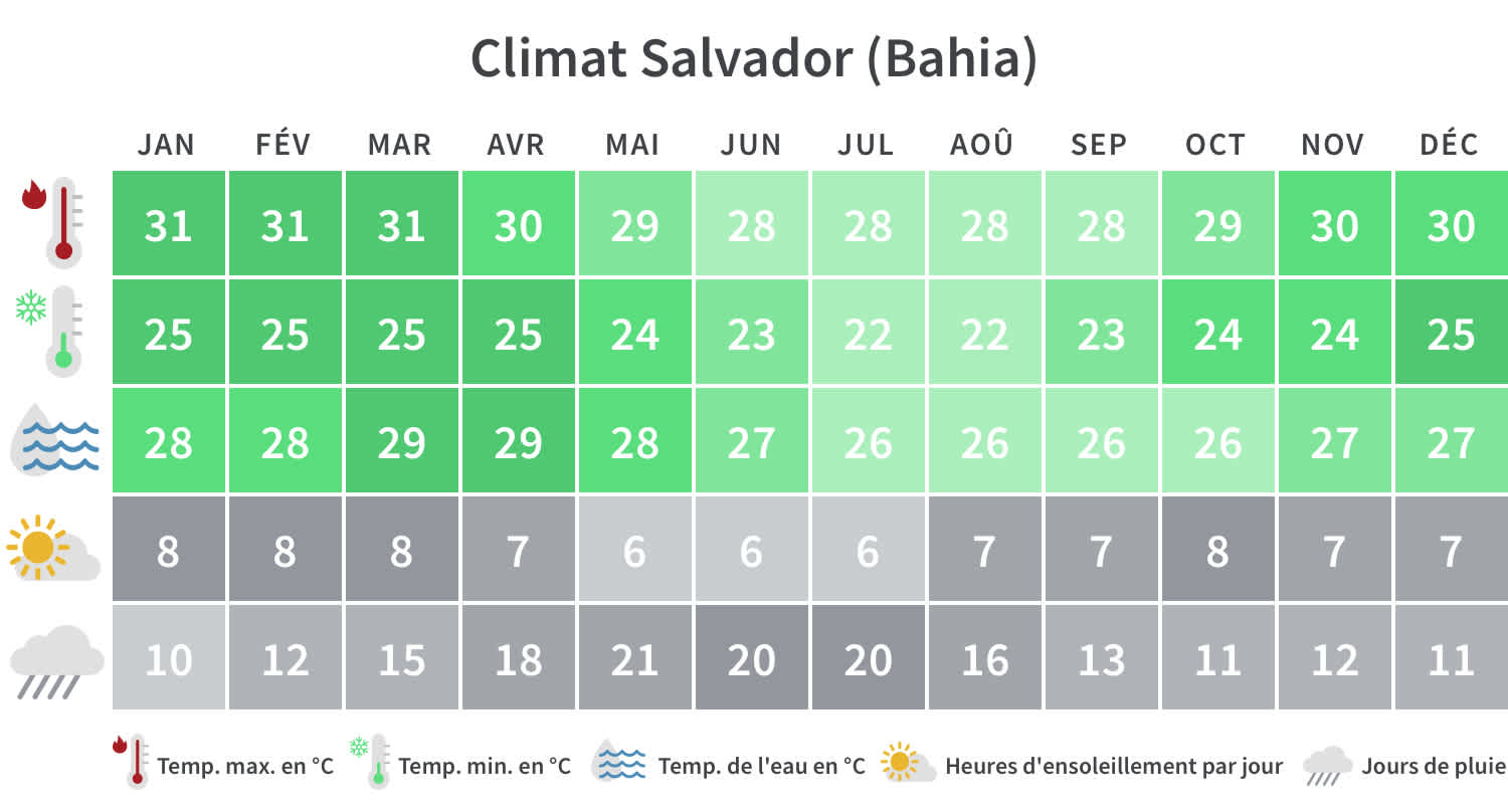 Aperçu des températures minimales et maximales, des jours de pluie et des heures d'ensoleillement à Salvador de Bahia par mois civil.