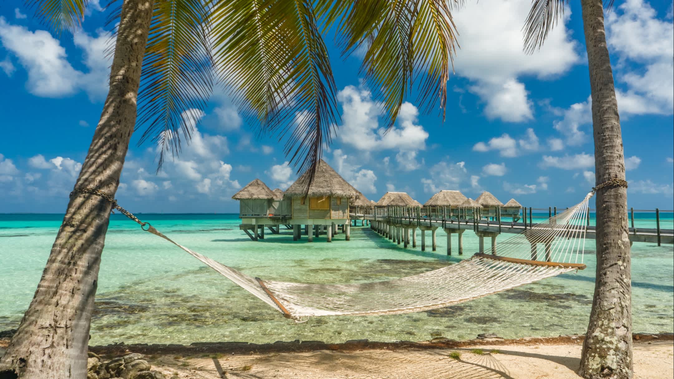 Blick auf der Hängematte in einem Strand in Tikehau, Tahiti, Französisch-Polynesien.

