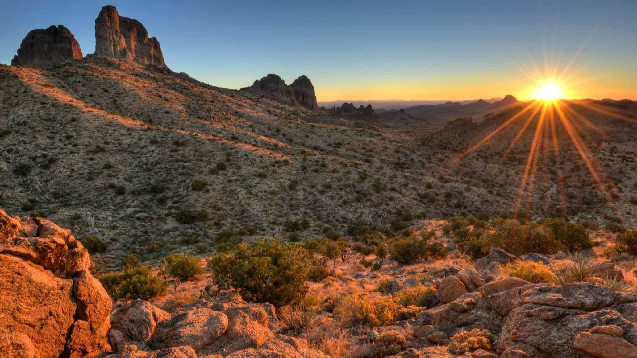 Un levée de soleil dans la réserve nationale de Mojave en Californie, États-Unis