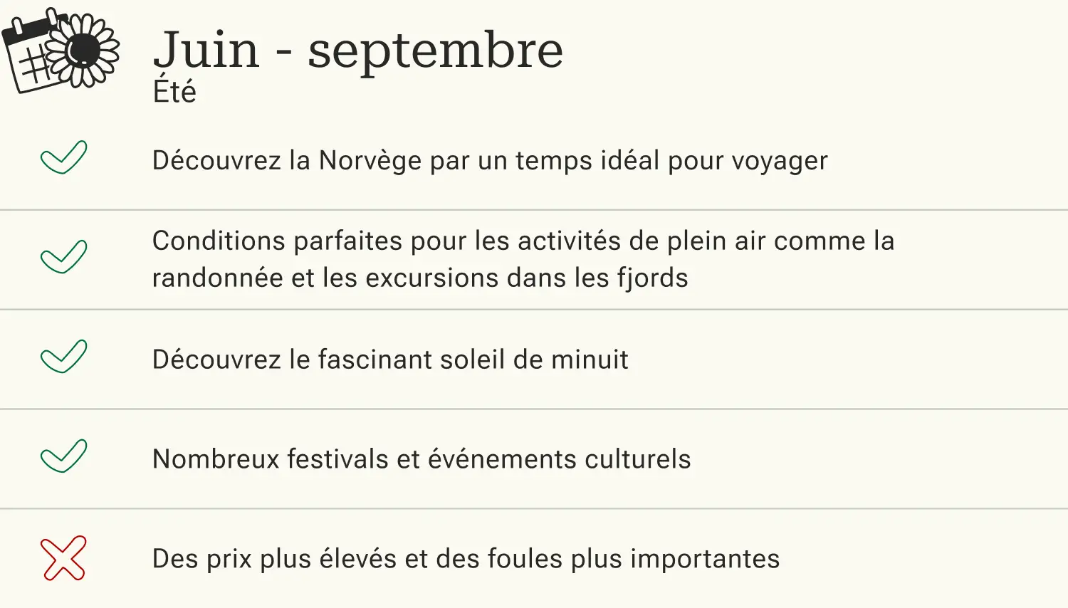 Avantages et inconvénients d'un voyage en Norvège en été (de juin à septembre).