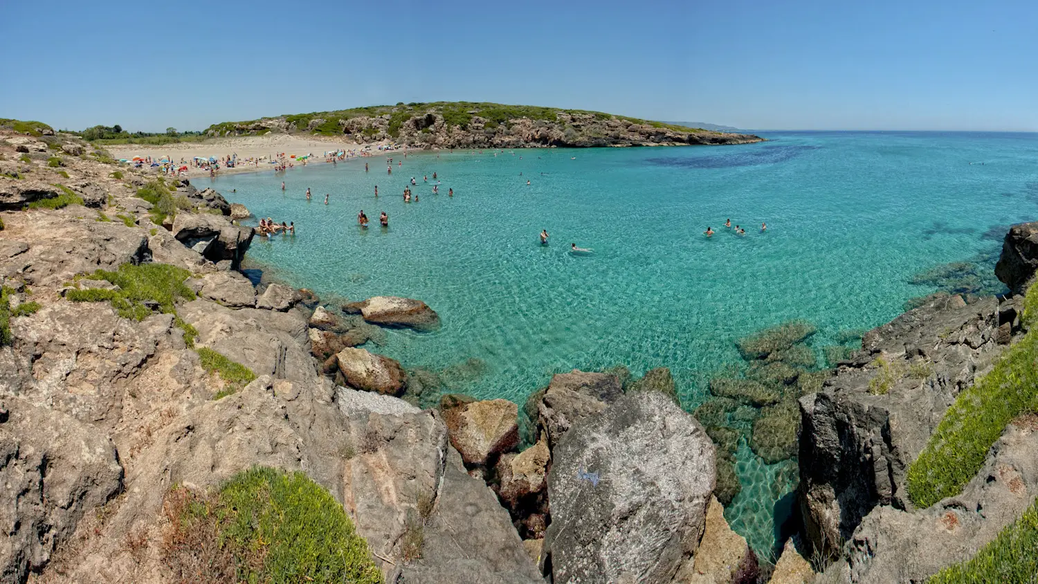 Blick zum Calamosche Strand in Noto, Sizilien, Italien.