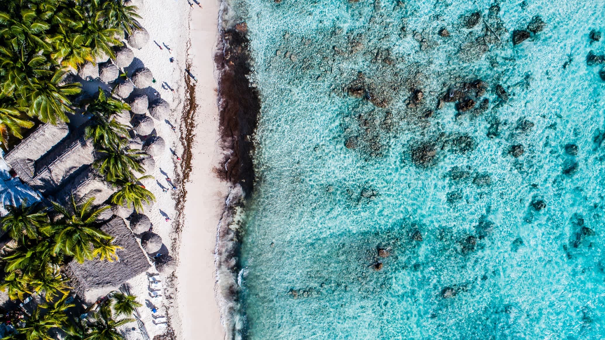 Luftaufnahme des Strandes von Chen Rio in Cozumel, Mexiko, bei Sonnenschein und mit Blick auf das Meer sowie Palmen und ein Resort am Strand.