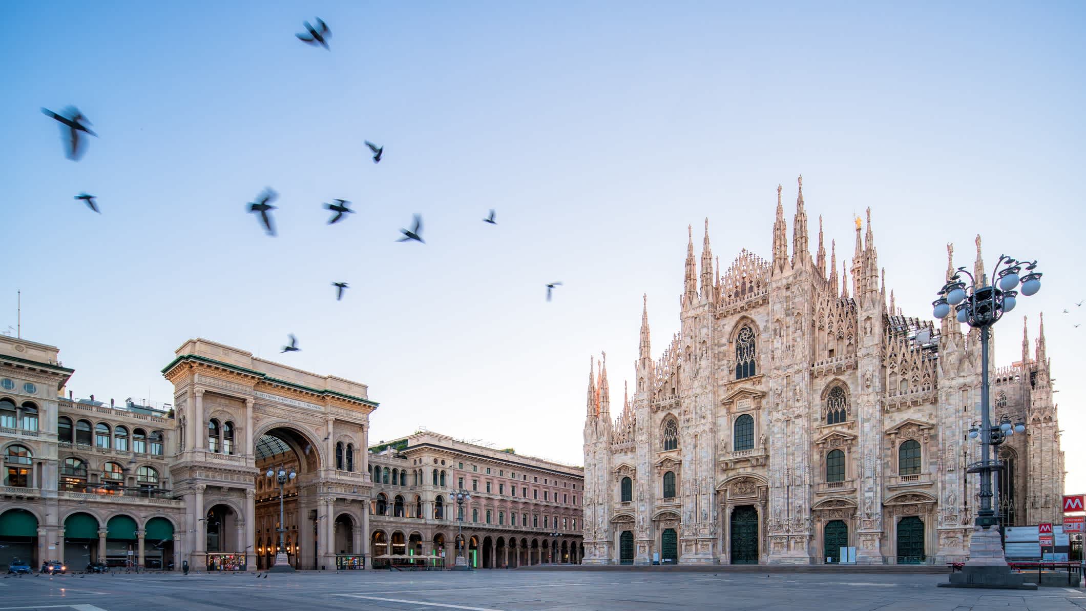 Envolé d'oiseaux sur la Piazza del Duomo à l'aube, à Milan, en Italie.