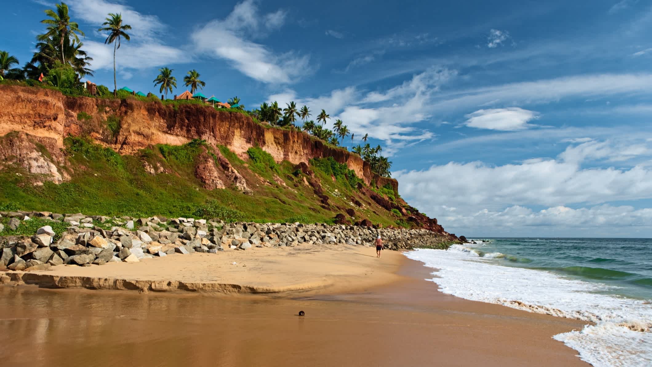 Klippen am naturbelassenen Sandstrand Varkala Beach, Kerala, Indien mit Palmen und Meer im Bild.