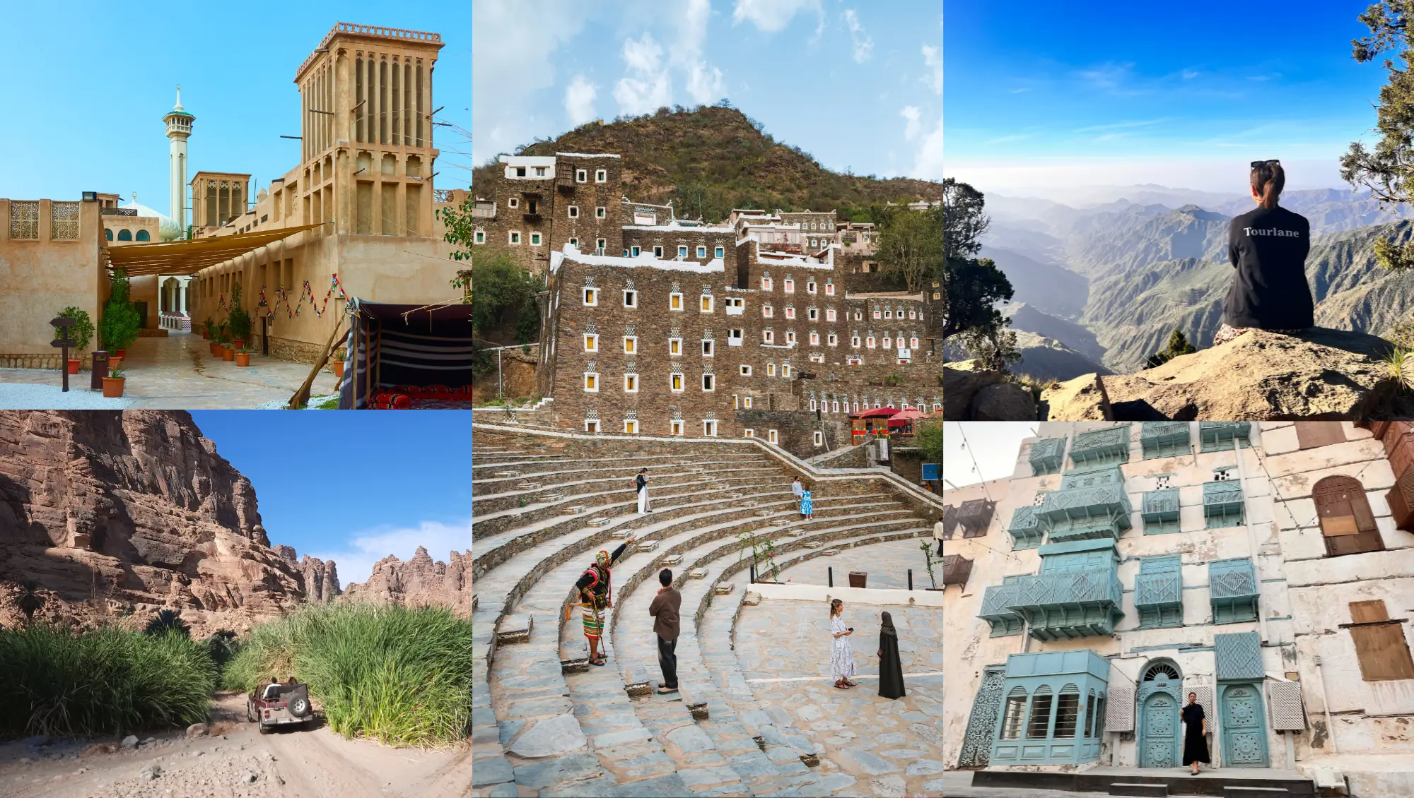 Collage aus sechs Bildern traditioneller Architektur im Nahen Osten und Jemen mit Berglandschaften und historischen Gebäuden.