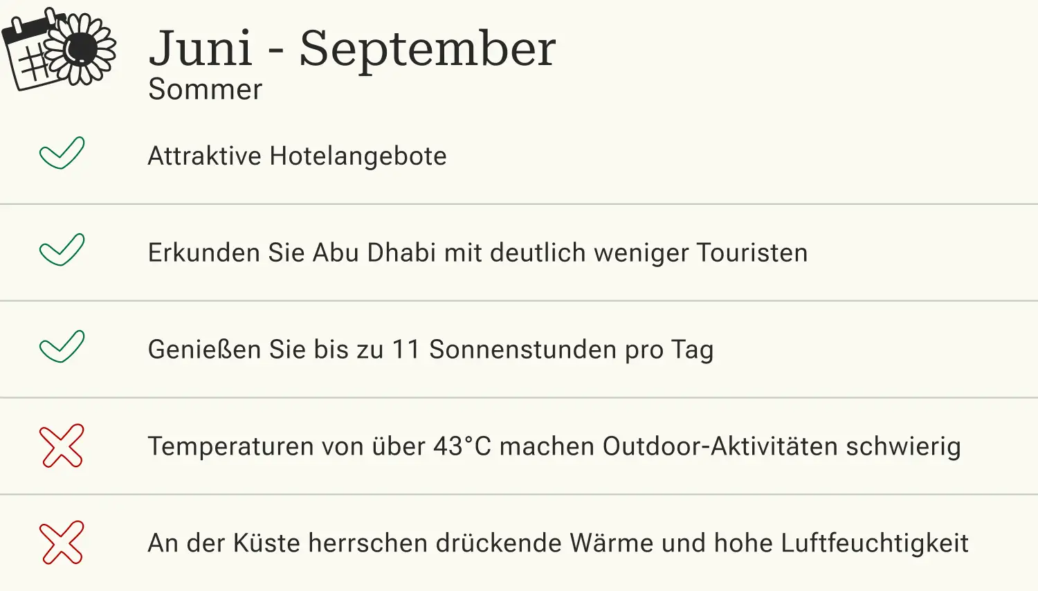 Beste Reisezeit, Abu Dhabi, Sommer Vor- und Nachteile einer Reise nach Abu Dhabi in den Sommermonaten Juni, Juli und August