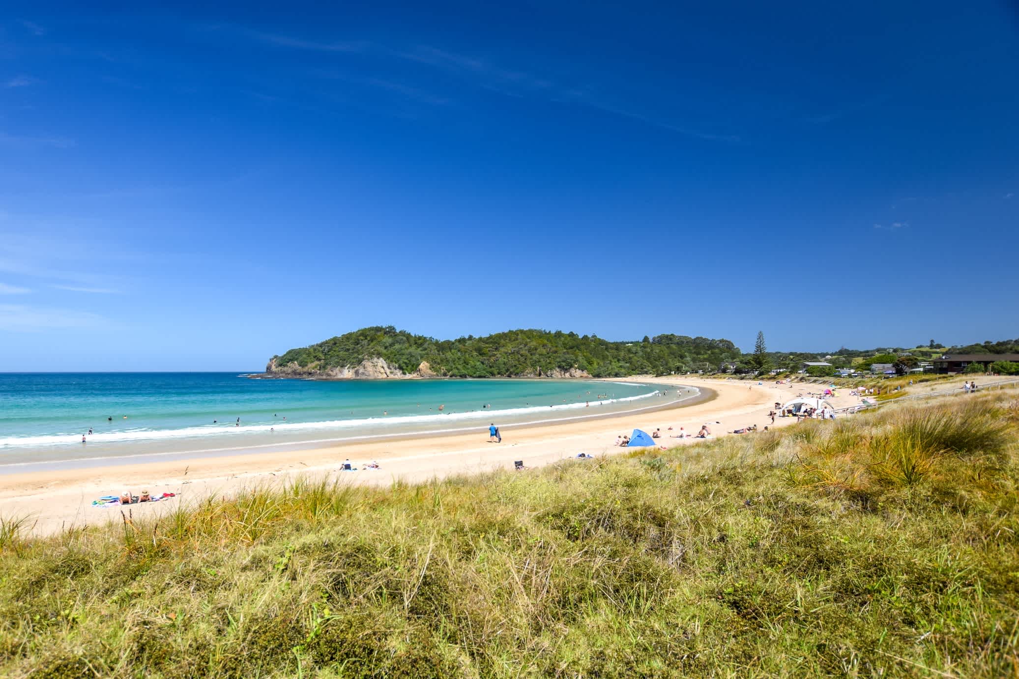 Vue sur la plage de Matapouri, près de Whangarei, sur l'île du Nord de la Nouvelle-Zélande. 