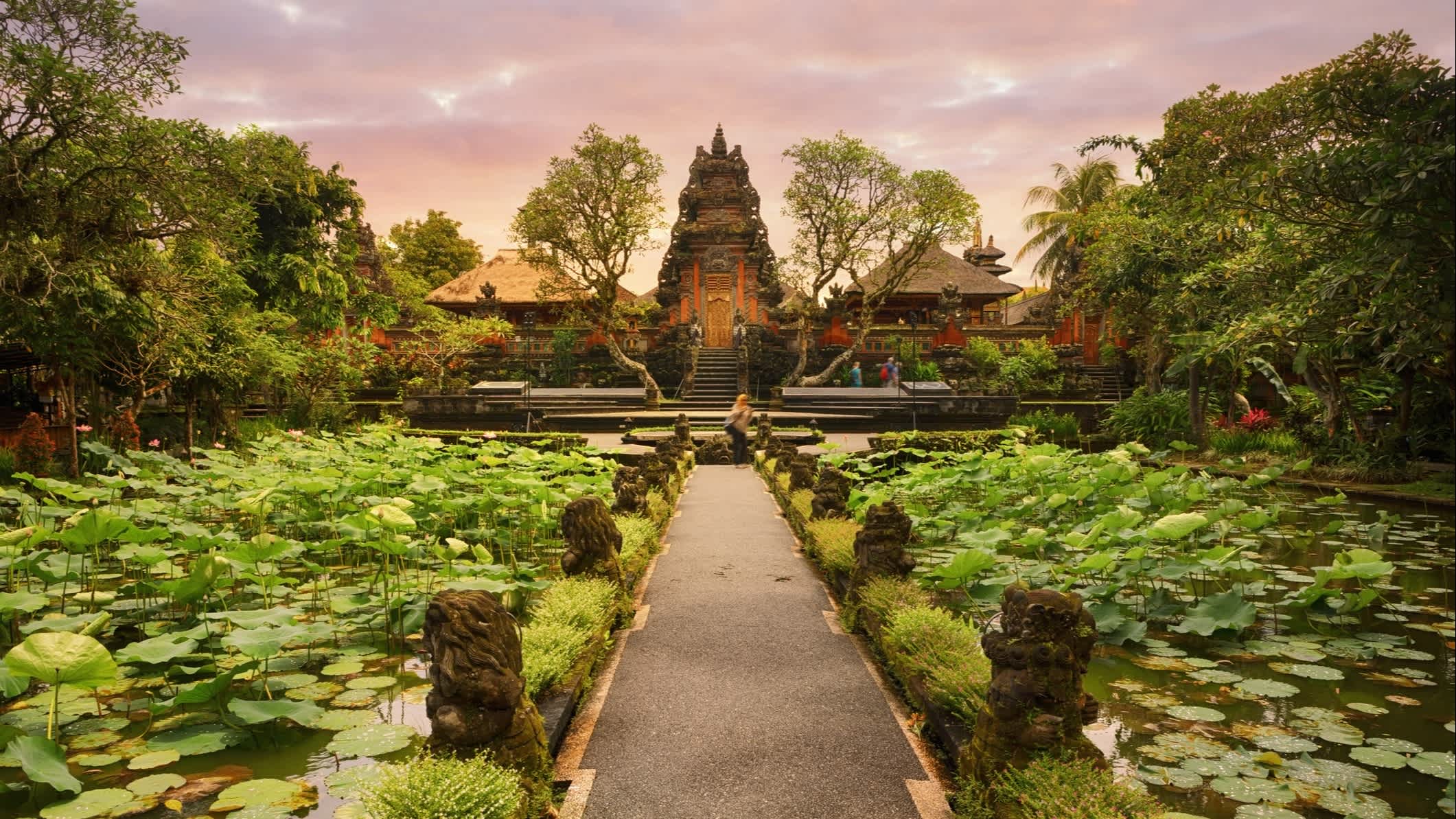 Ein Weg über einen Lotusteich mit einem Saraswati-Tempel im Hintergrund, Bali, Ubud, Indonesien 

