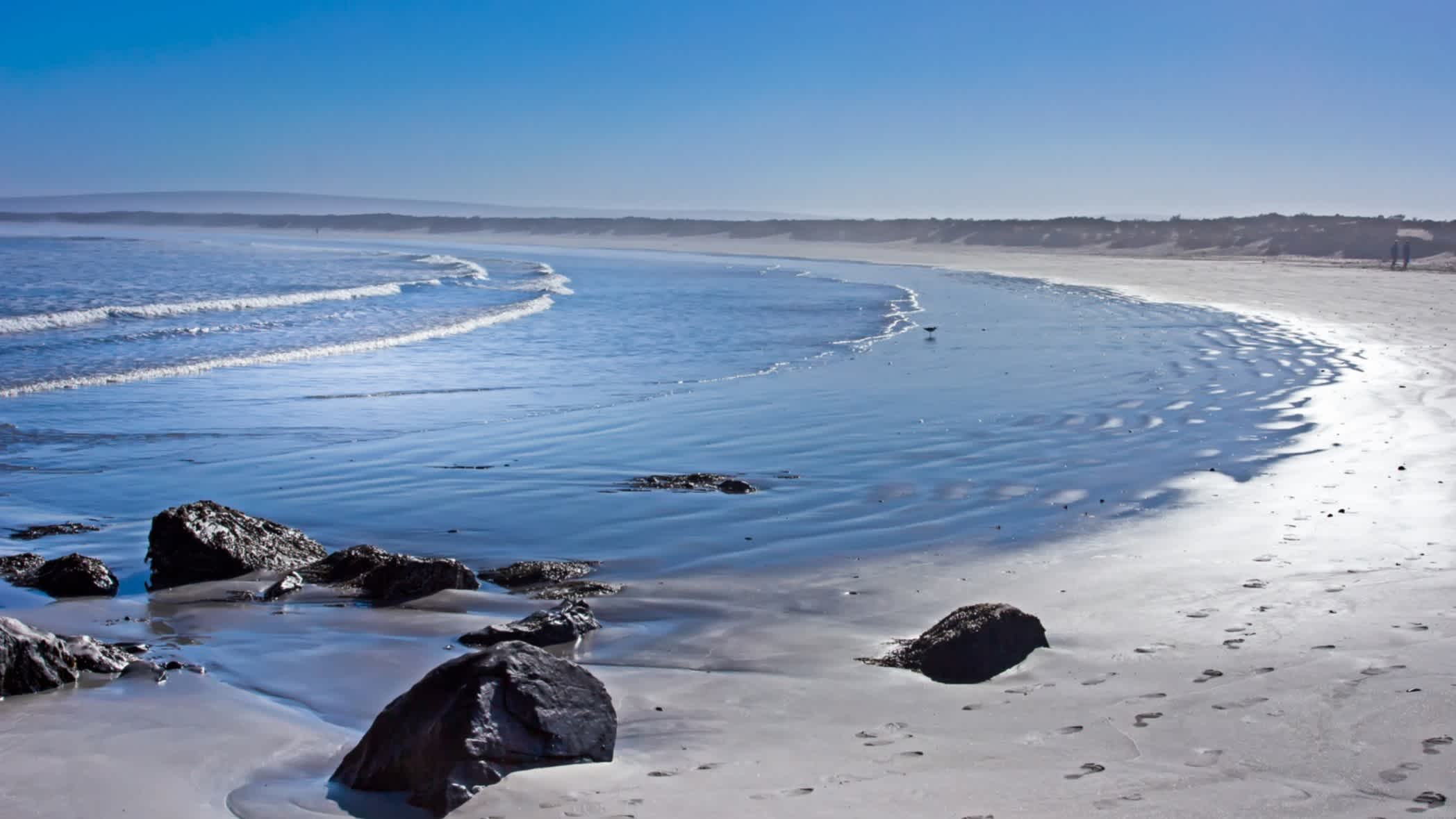 Blick auf den breiten Sandstrand mit kleinen Wellen und schwarzen Felsen bei Sonnenschein in Paternoster, Südafrika.
