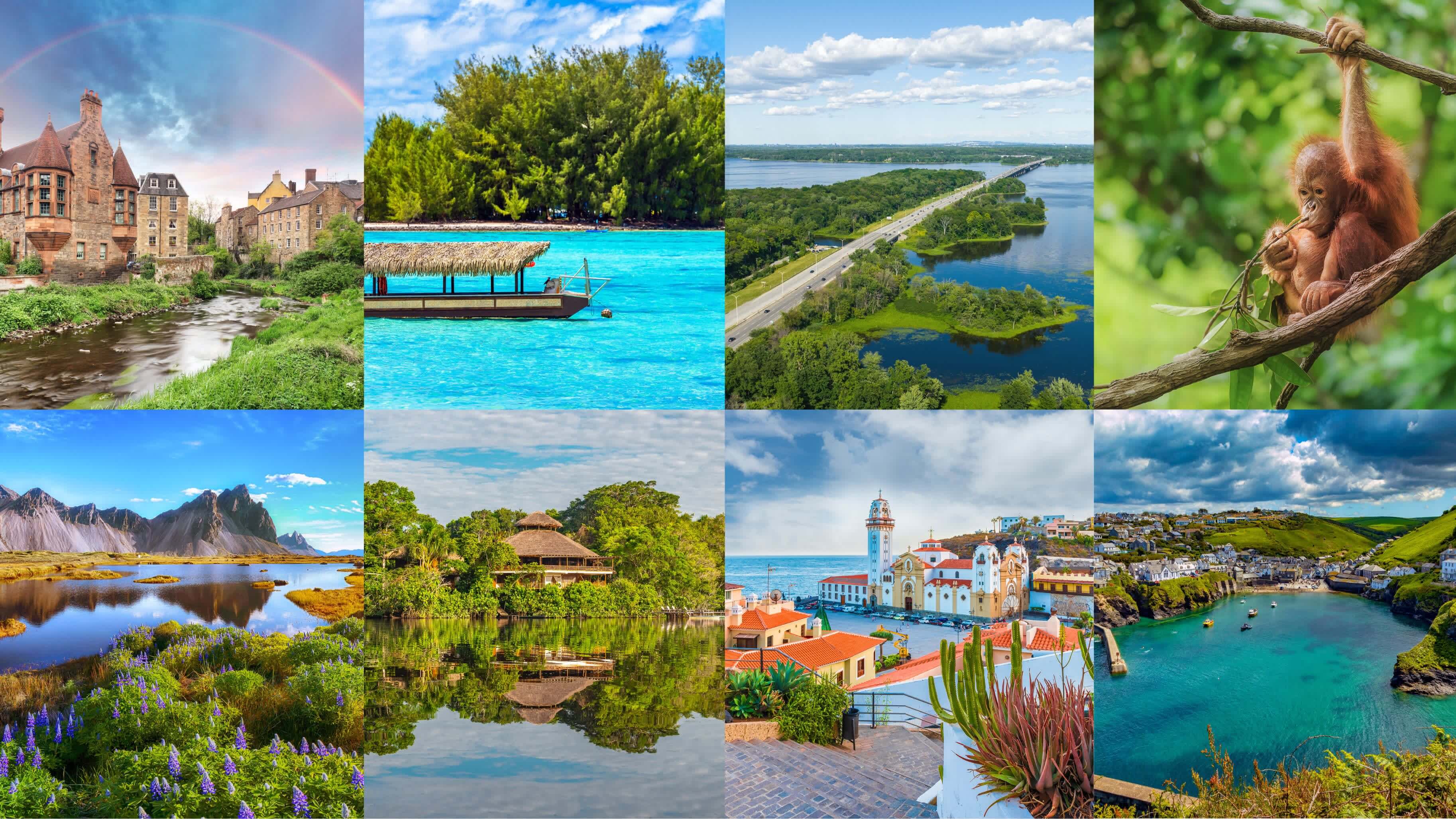Collage de 8 destinations de vacances pour le mois d'août.