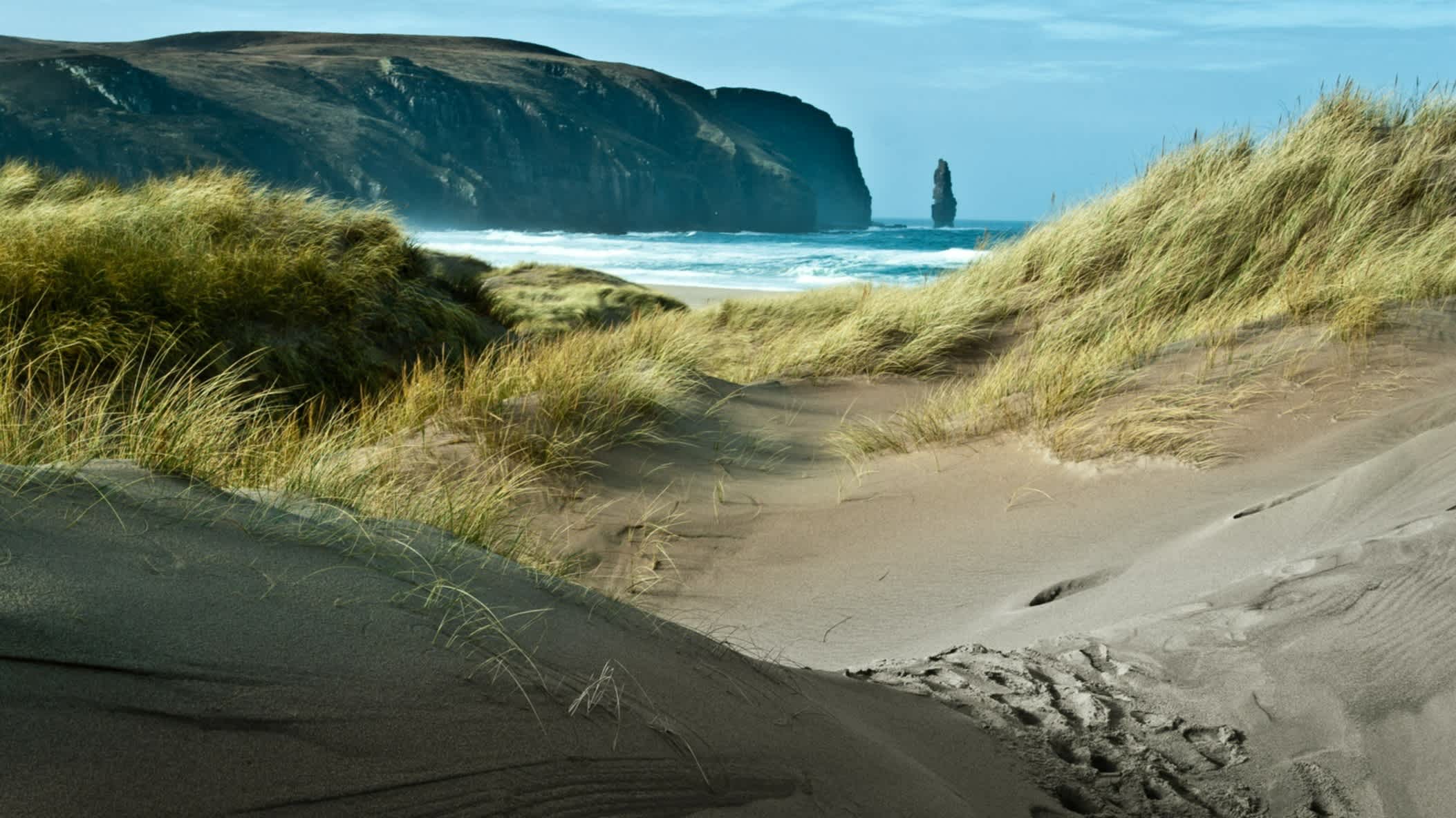 Vue de la baie de Sandwood en Écosse depuis les chemins de sable avec les falaises et la mer en arrière plan.