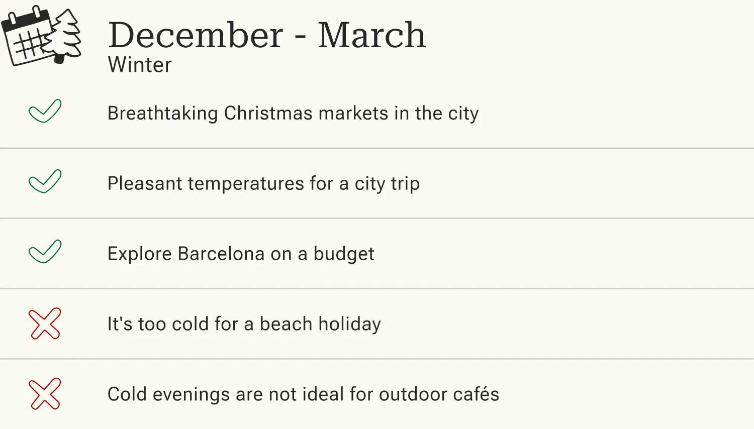 Advantages and disadvantages of traveling to Barcelona in winter.