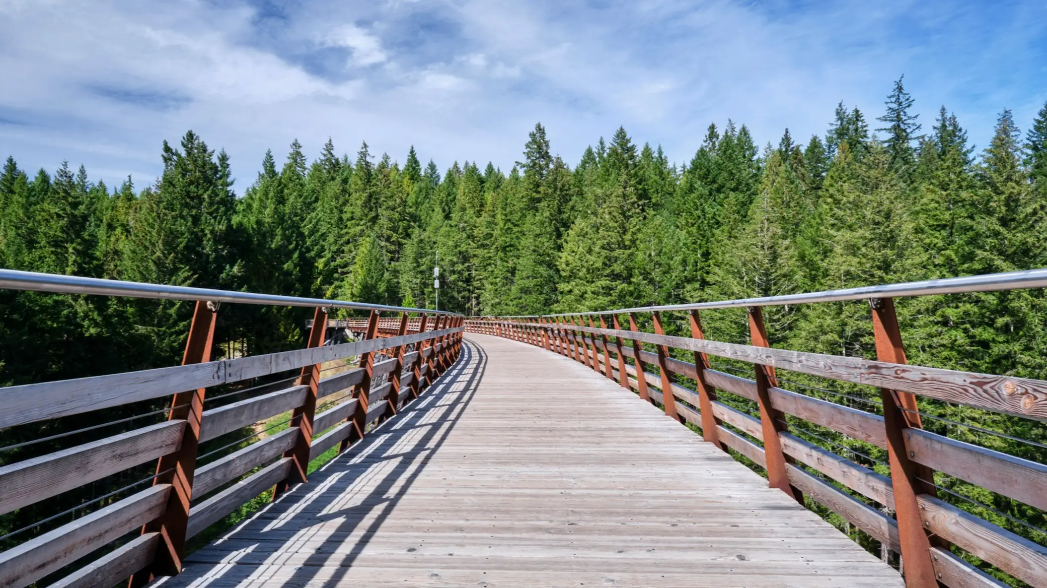 Pont en bois traversant une forêt dense par temps ensoleillé, Kinsol Trestle, île de Vancouver, Colombie-Britannique, Canada