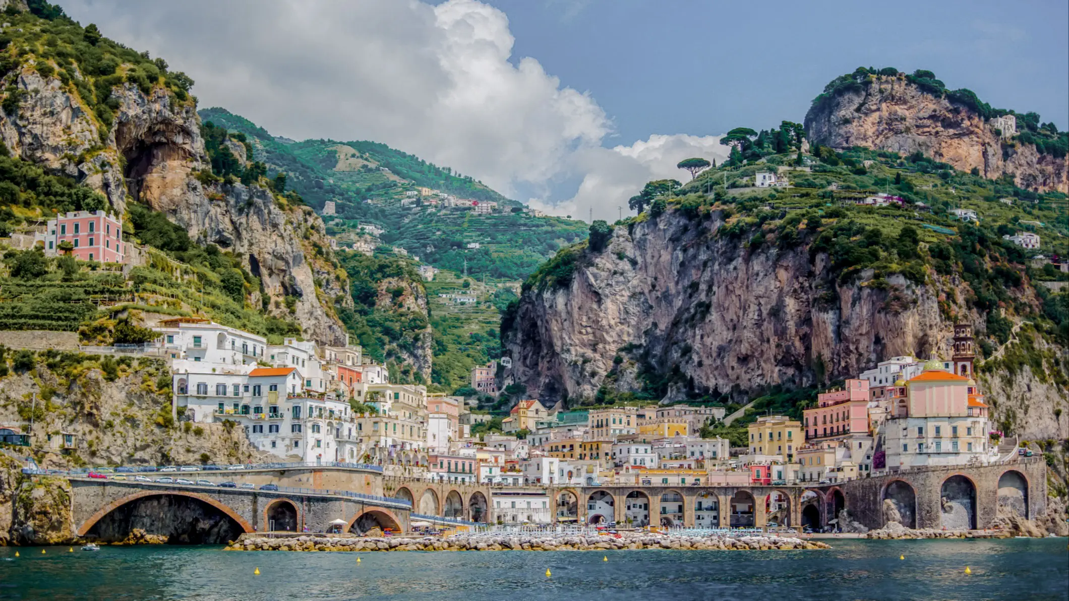 Amalfi Coast, Campania, Sorrento, Italy. View of the town and the sea in summer