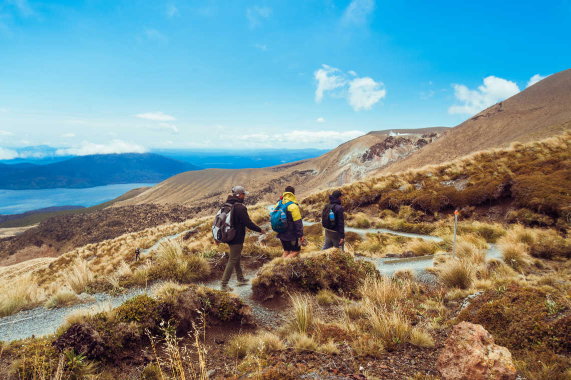 Randonnée dans la campagne néo-zélandaise, sur le célèbre chemin de randonnée Tongariro Crossing.