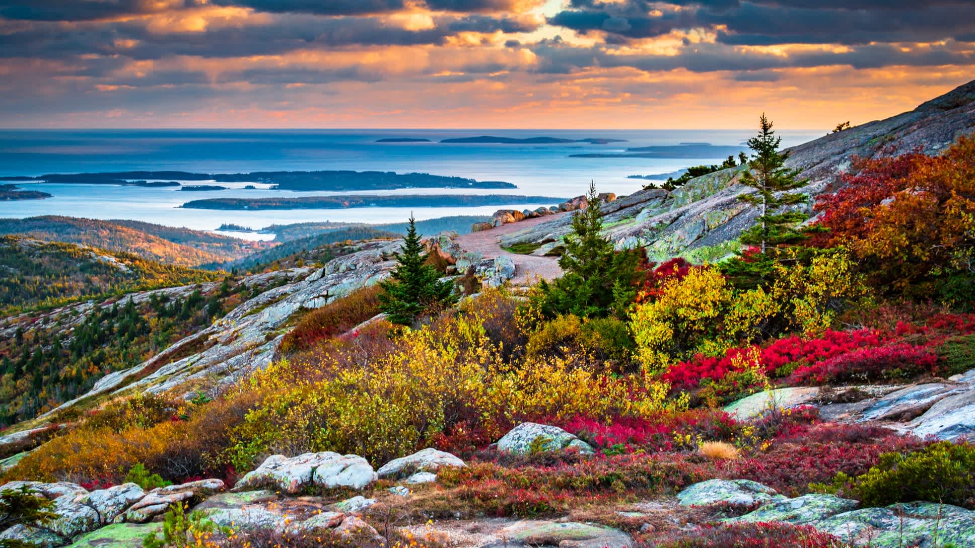 Herbstliche Aussicht vom Cadillac Mountain im Acadia National Park in Maine, USA