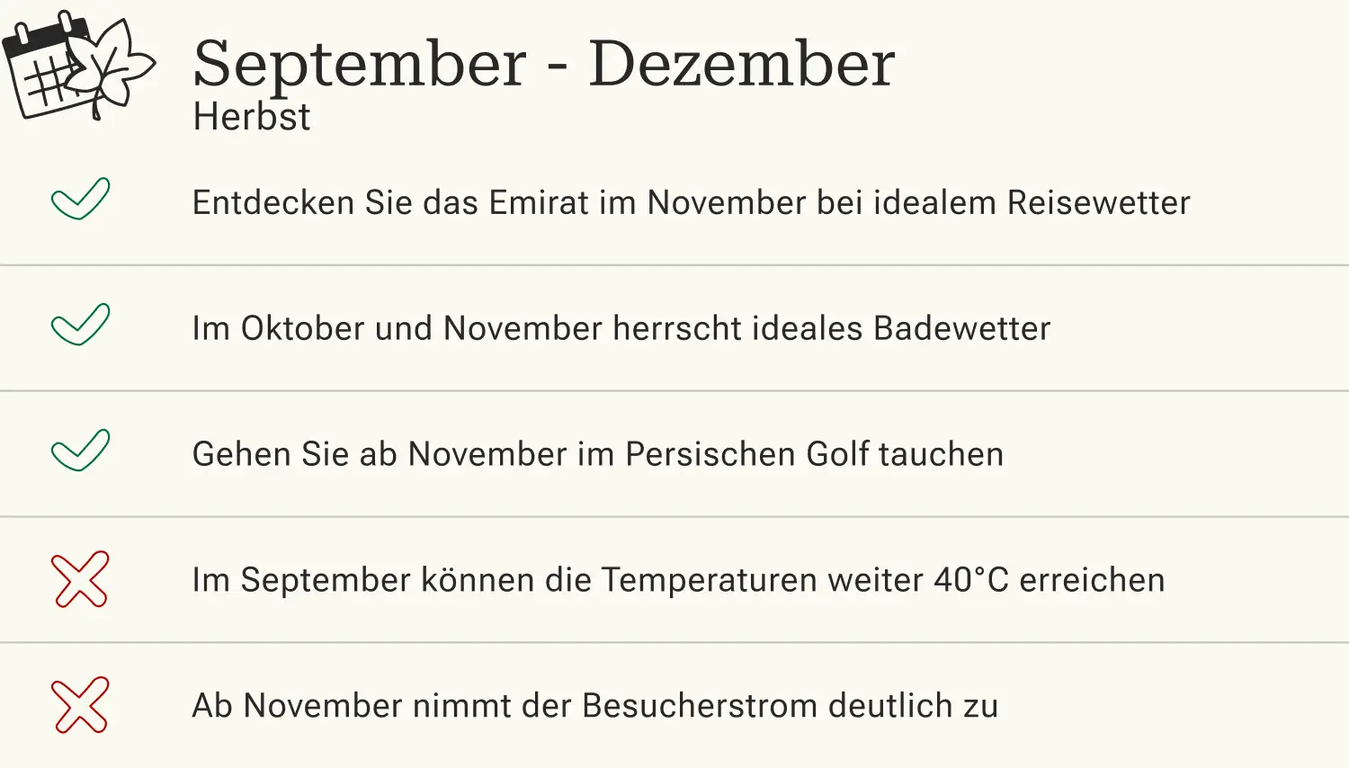 Beste Reisezeit, Abu Dhabi, Herbst Vor- und Nachteile einer Reise nach Abu Dhabi in den Herbstmonaten September, Oktober und November