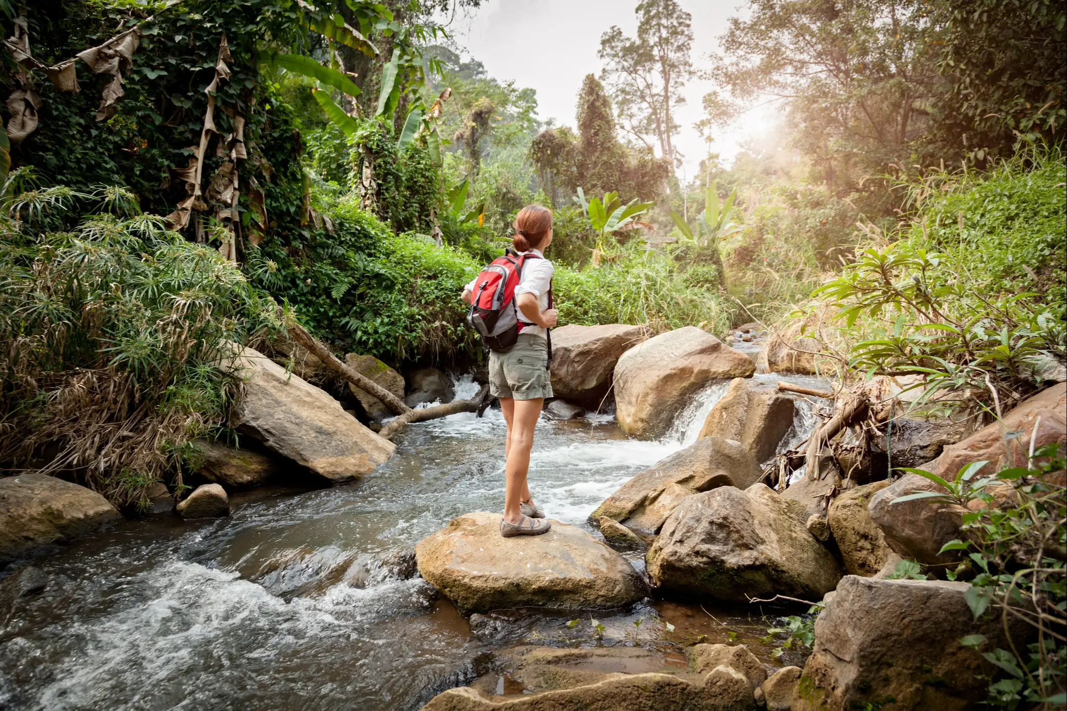 Maurice, Randonnée Femme avec sac à dos. Randonnée dans une rivière de la forêt tropicale