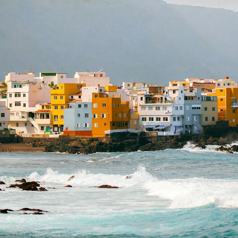 Maisons colorées, palmier dans la rue Puerto de la Cruz ville Tenerife, îles Canaries